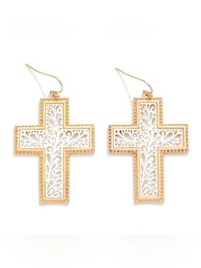 Gold-tone White Filigree Cross Drop Earrings